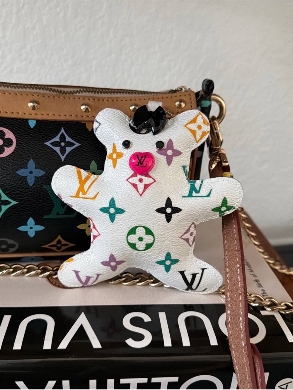 Upcycled LV White Multicolor Monogram Bear Charm with Silver Hardware